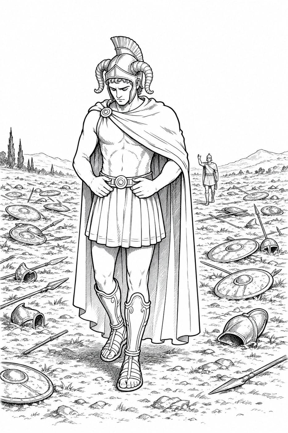 Pyrrhus in his horned, crested helmet walks alone across a battlefield strewn with shields and helmets, in black-and-white line art
