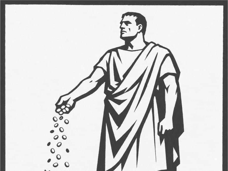 A man in a toga stands above a crowd, pouring coins down into their raised hands, in black-and-white woodcut