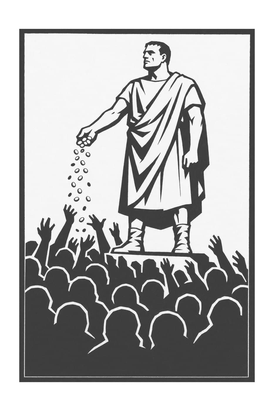 A man in a toga stands above a crowd, pouring coins down into their raised hands, in black-and-white woodcut