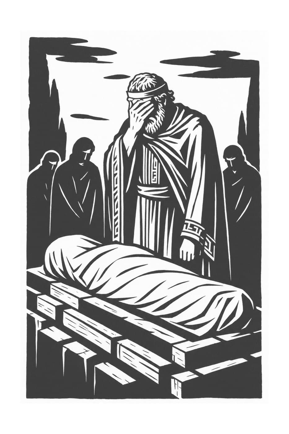 A robed, bearded man covers his face with one hand beside a shrouded body laid on a stack of wood, with hooded mourners behind him, in black-and-white woodcut