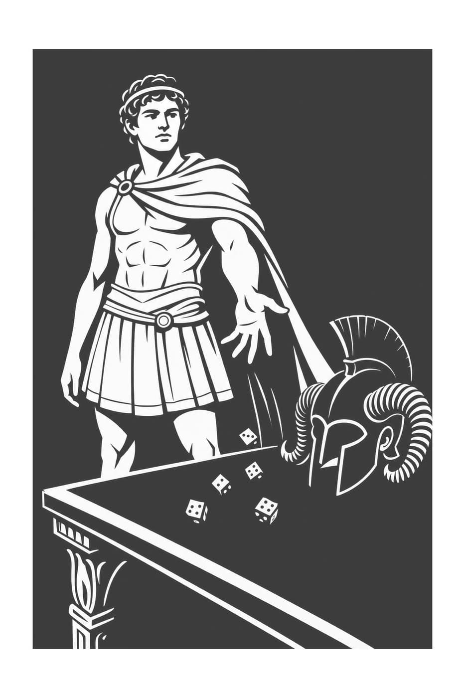 A young king in a cloak stands at a table scattered with dice, his horned helmet resting beside them, in black-and-white woodcut