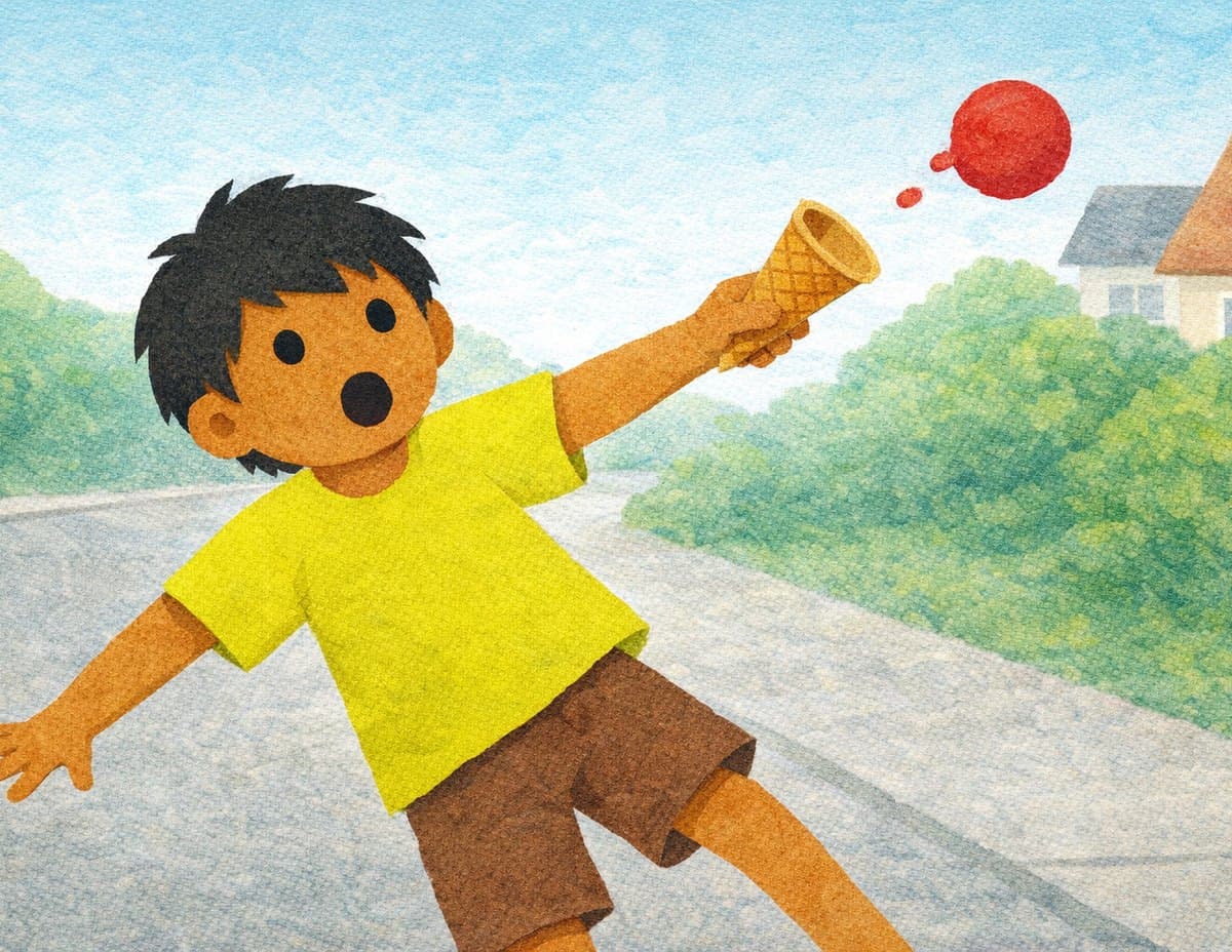 A boy stumbles on a path as the scoop flies off his ice cream cone, in cut-paper collage
