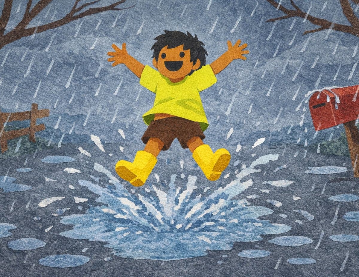 A child in yellow rain boots leaps into a puddle in the pouring rain, arms flung wide, in cut-paper collage