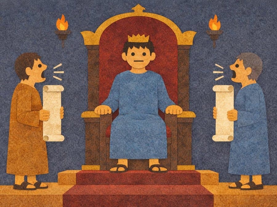 Marcus Aurelius in a crown sits on a tall throne while two men holding scrolls talk at him from either side, in cut-paper collage