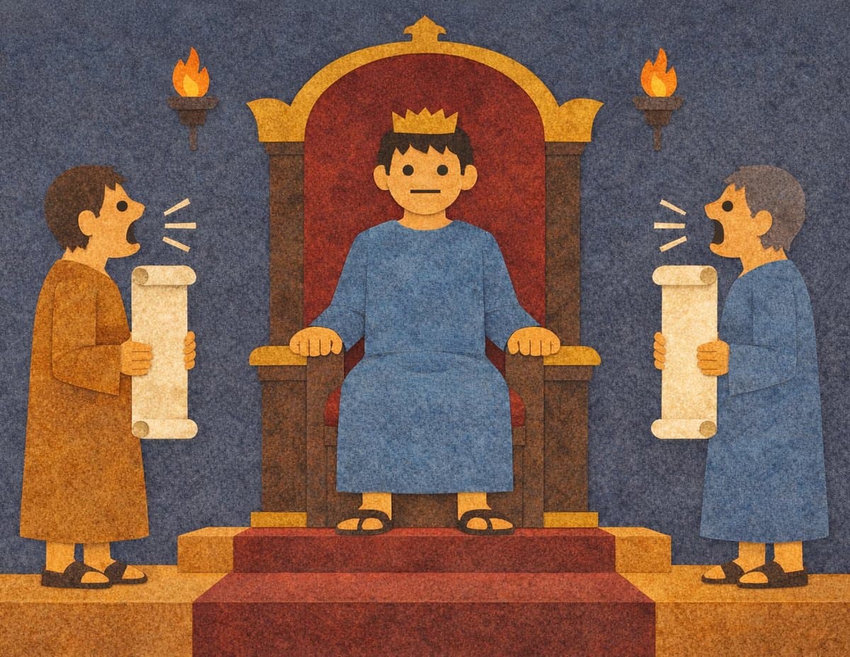 Marcus Aurelius in a crown sits on a tall throne while two men holding scrolls talk at him from either side, in cut-paper collage
