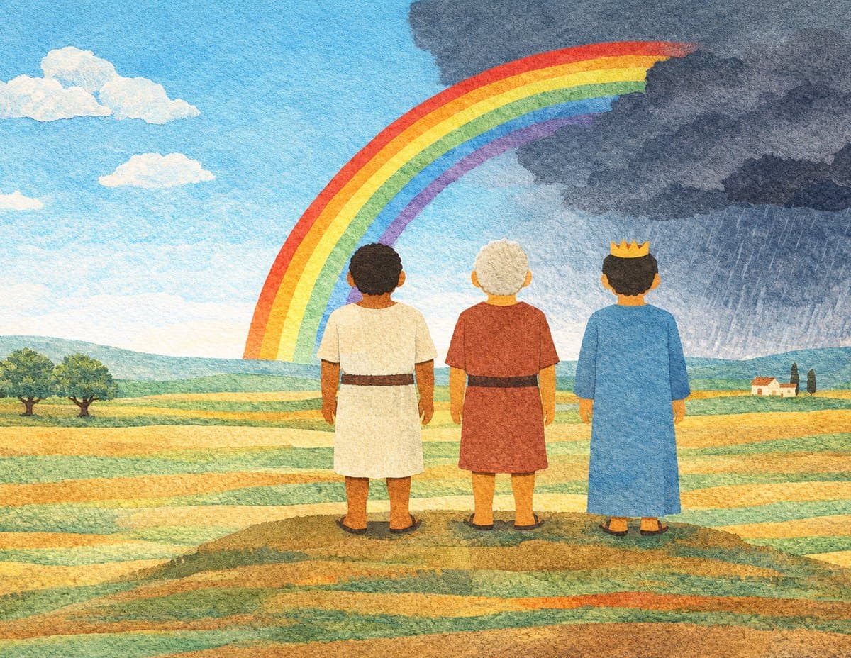 Three ancient figures in robes stand on a grassy hill with their backs to us, looking at a rainbow beside a dark rain cloud, in cut-paper collage