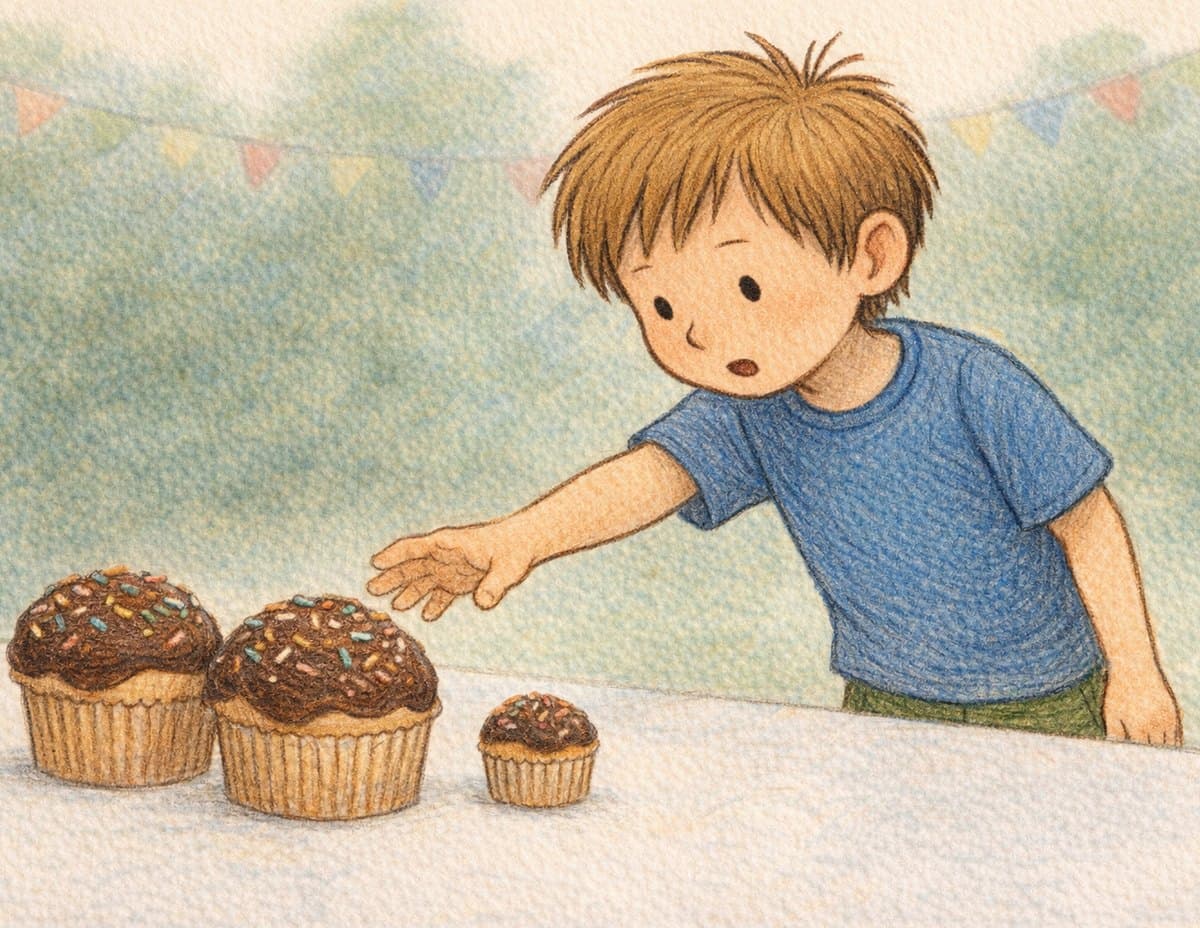 A boy in a blue shirt reaches toward two big frosted cupcakes on a table, with a small one beside them, in soft crayon