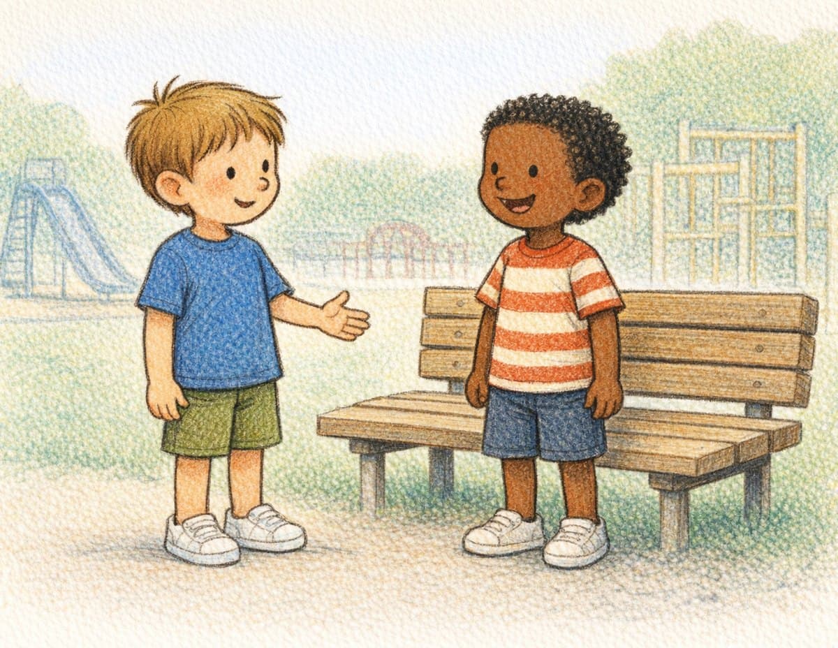 A boy holds out his hand to a boy in a striped shirt standing by a park bench, with play equipment behind them, in soft crayon