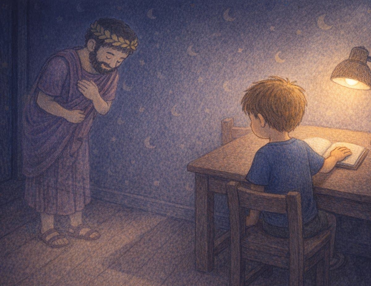 Marcus Aurelius, in a laurel wreath, bows in the shadowy corner of a room while the boy works at a desk under a lamp, in soft crayon
