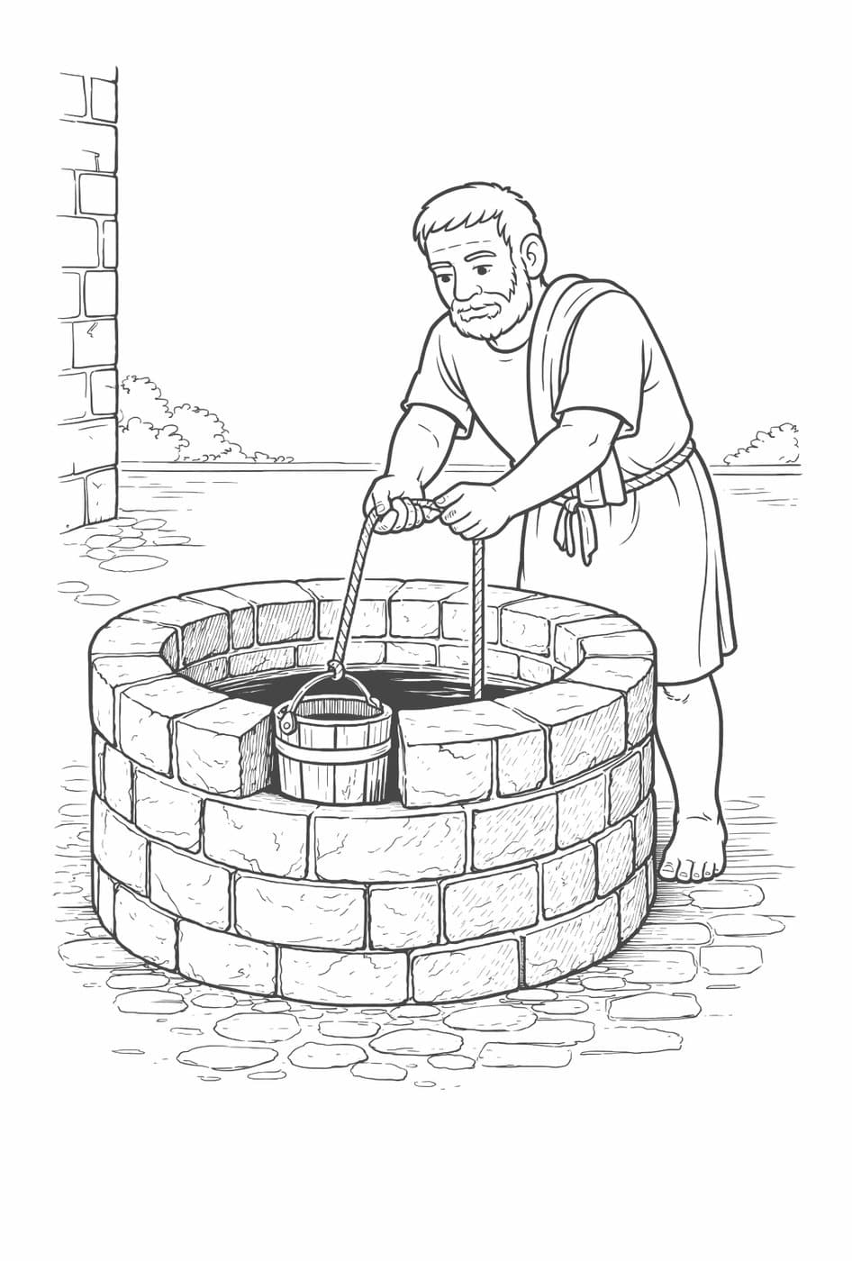 Cleanthes, an old man in a short tunic, pulls a bucket up from a round stone well, in black-and-white line art