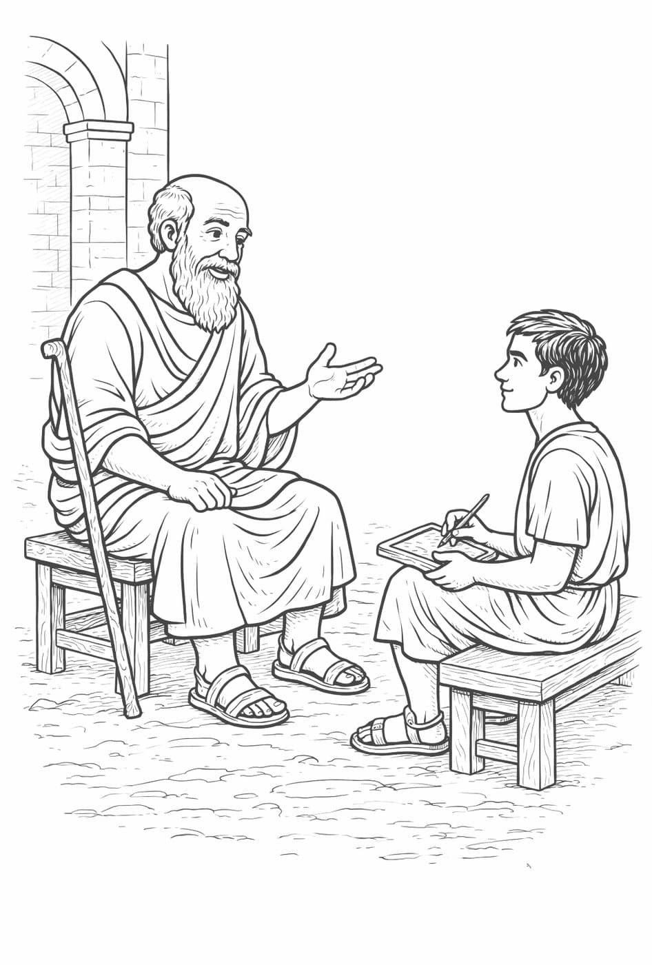 Epictetus, an old bearded man on a bench, talks while a young student beside him writes on a tablet, in black-and-white line art