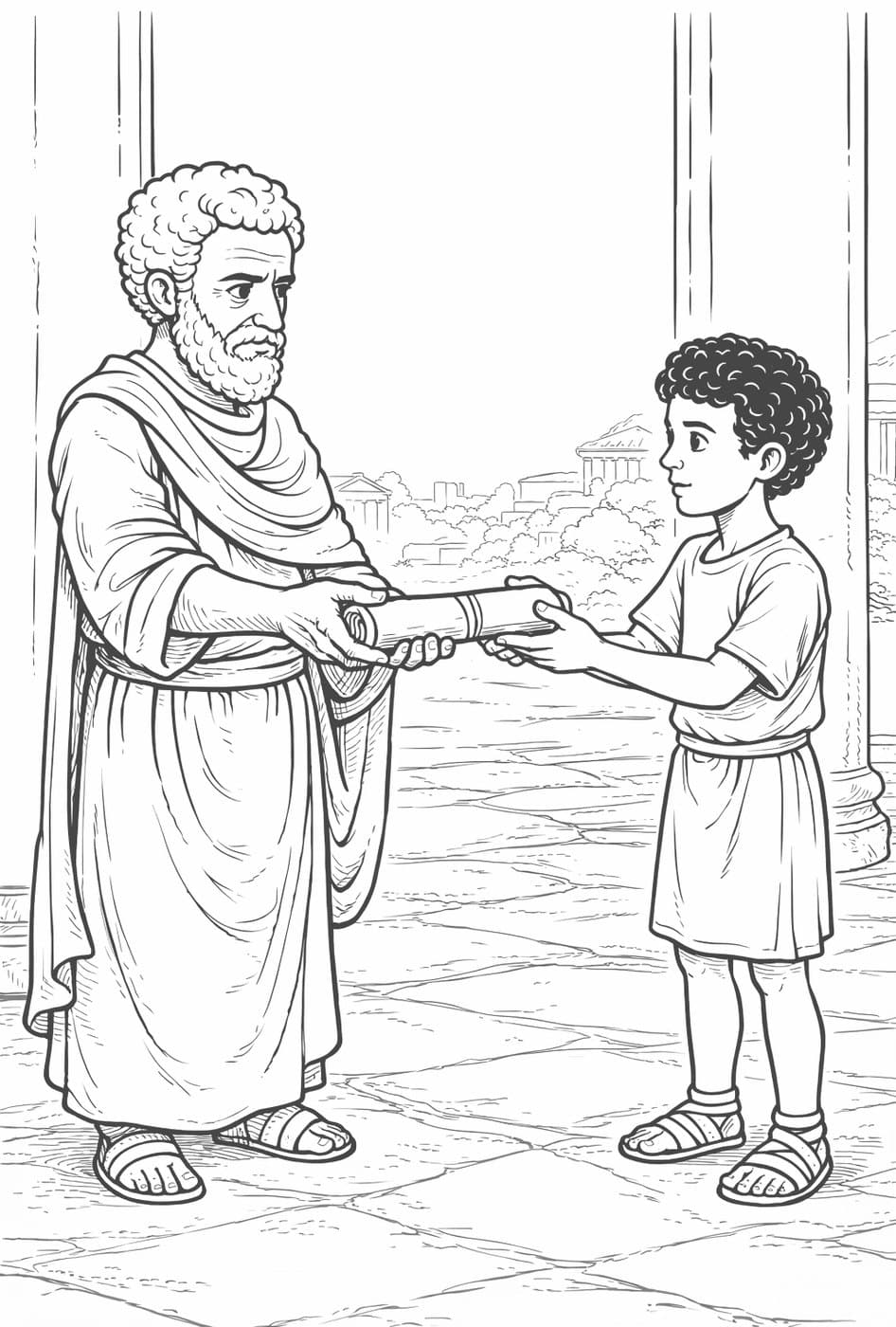 An older bearded man in a long robe hands a scroll to a curly-haired boy, in black-and-white line art
