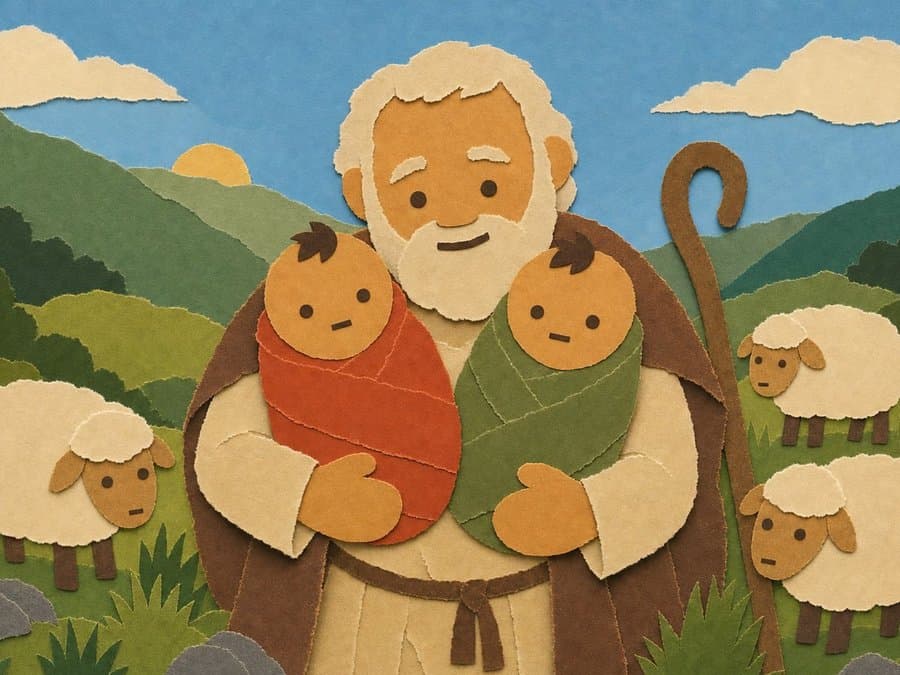A smiling, white-bearded shepherd holds the swaddled twin babies in his arms, with sheep around him on a green hillside, in cut-paper collage