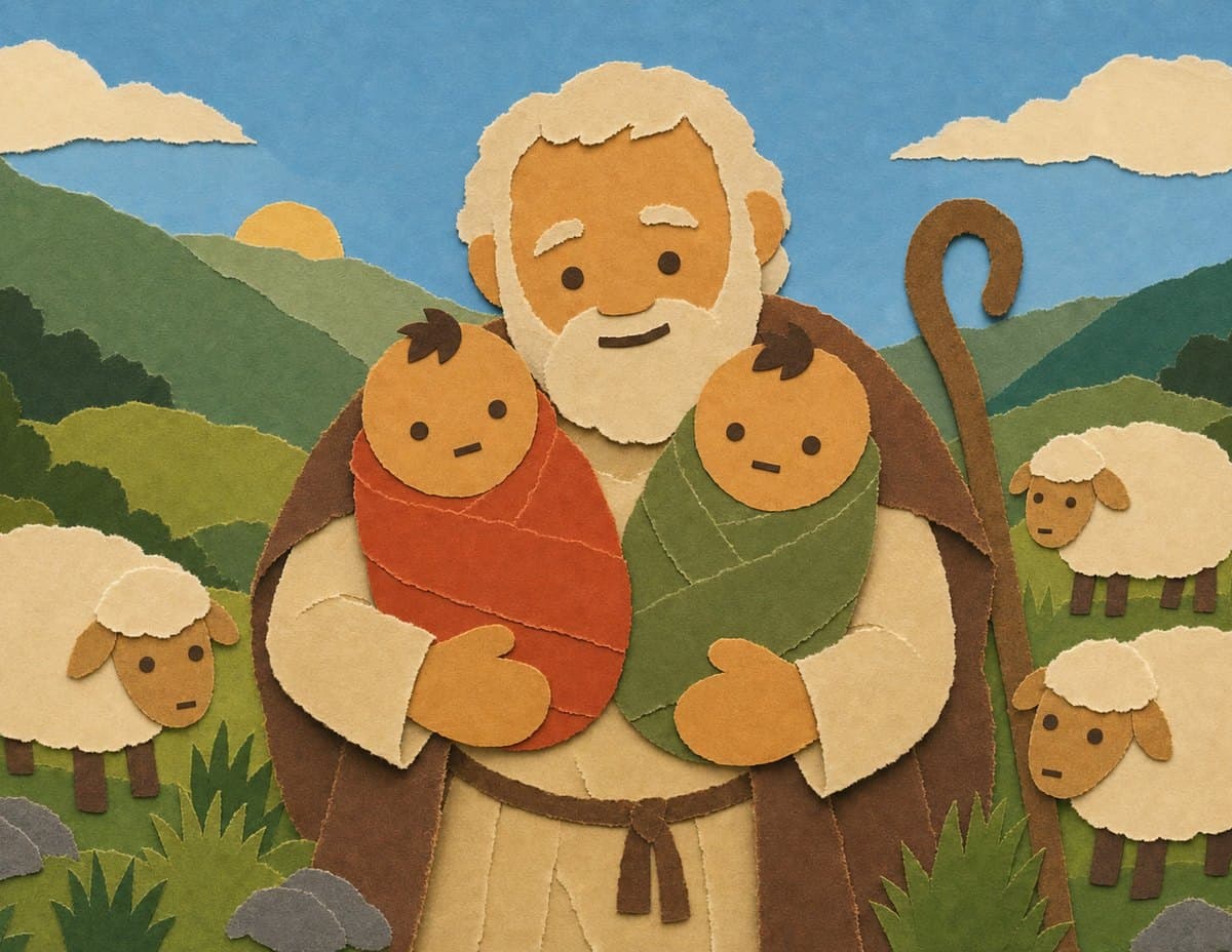 A smiling, white-bearded shepherd holds the swaddled twin babies in his arms, with sheep around him on a green hillside, in cut-paper collage
