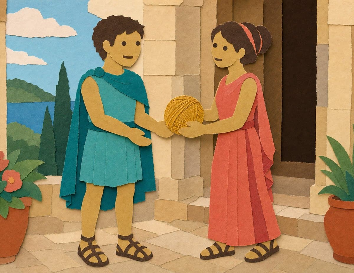 Theseus, in a blue-green tunic and cape, takes a ball of yellow thread from a princess in a long pink dress at a doorway, in cut-paper collage