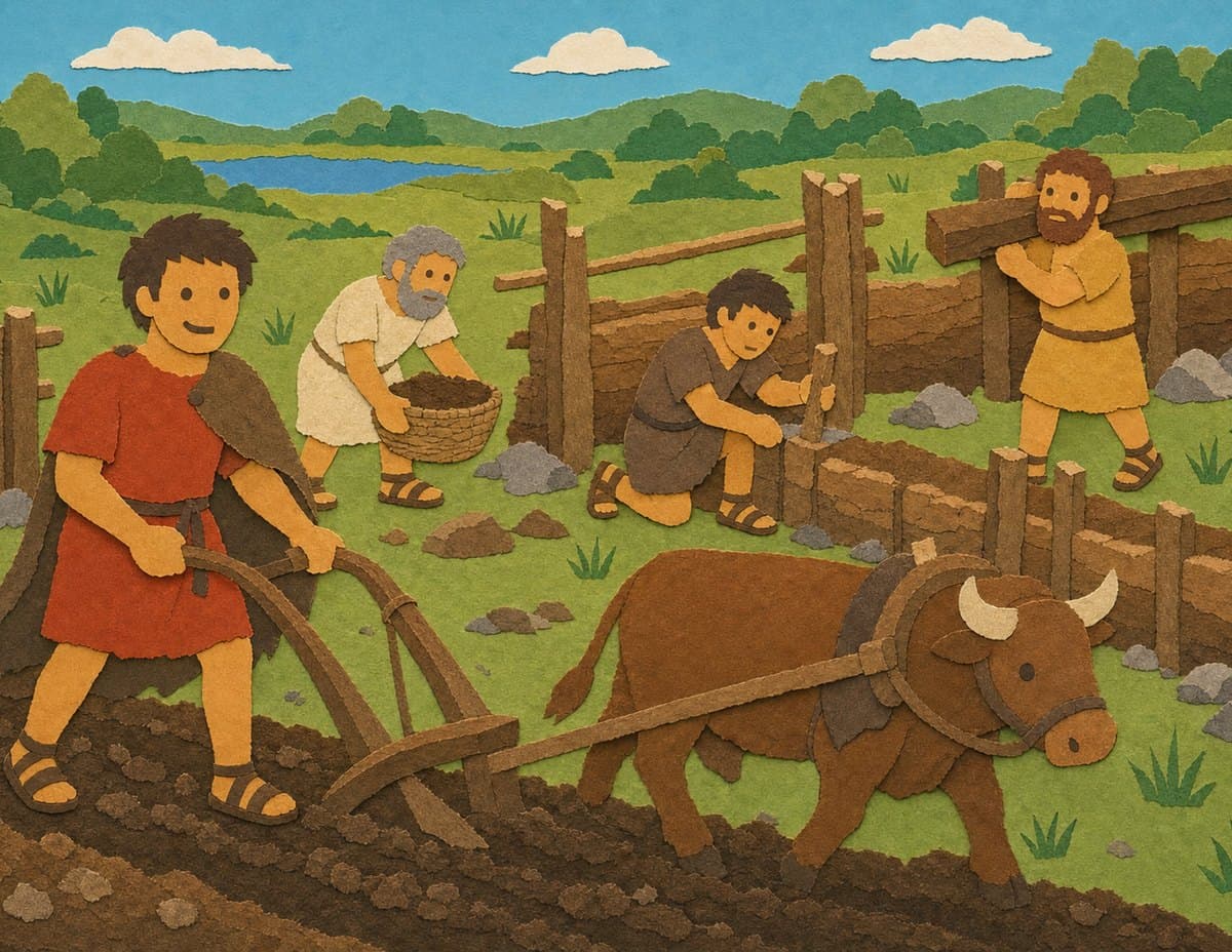 Young Romulus in a red tunic guides a plow pulled by an ox while other men build a wooden fence behind him, in cut-paper collage