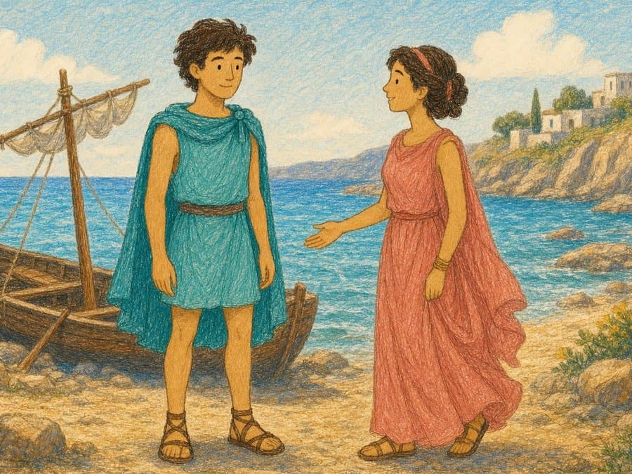 Theseus in a blue-green tunic meets a young woman in a long red dress on a sunny beach, with a boat pulled up on the shore, in soft crayon