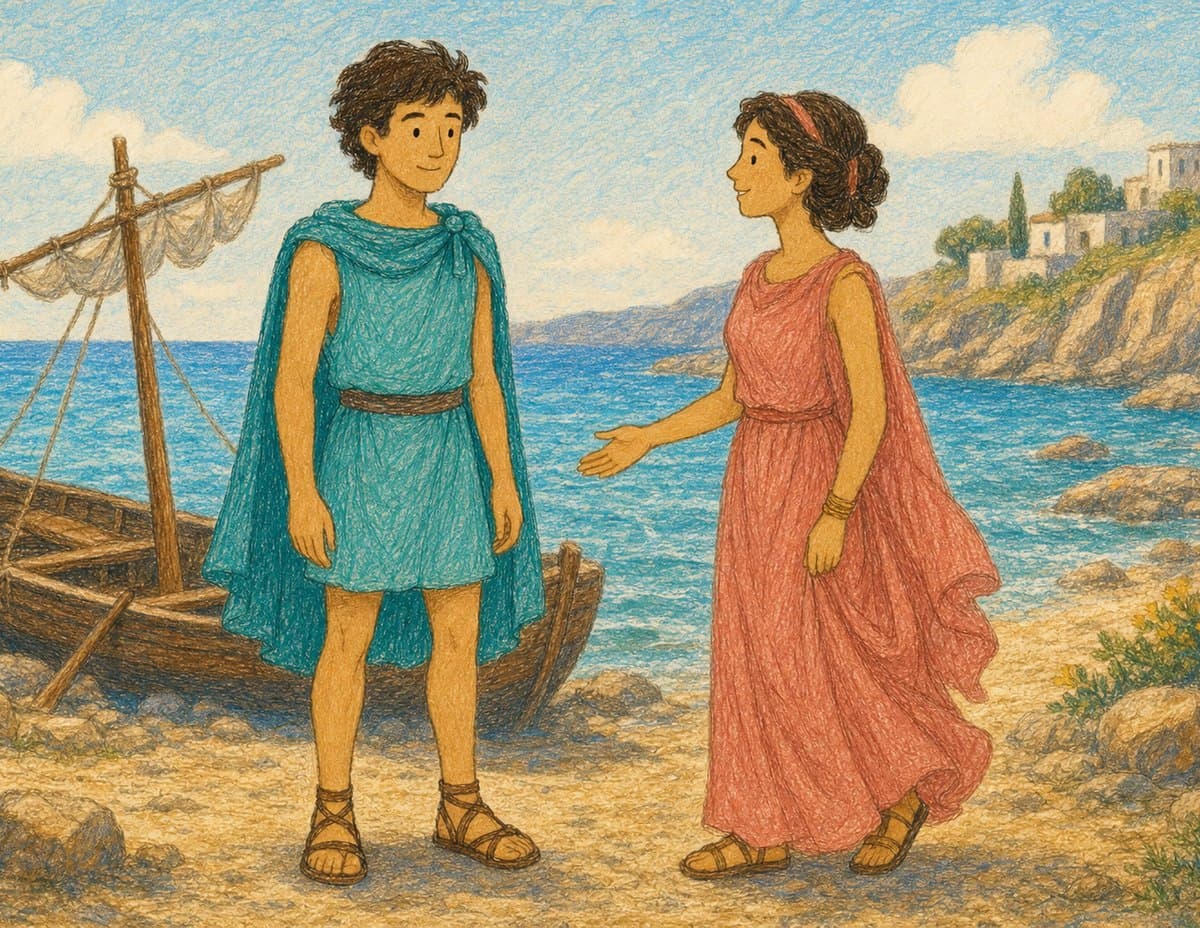 Theseus in a blue-green tunic meets a young woman in a long red dress on a sunny beach, with a boat pulled up on the shore, in soft crayon