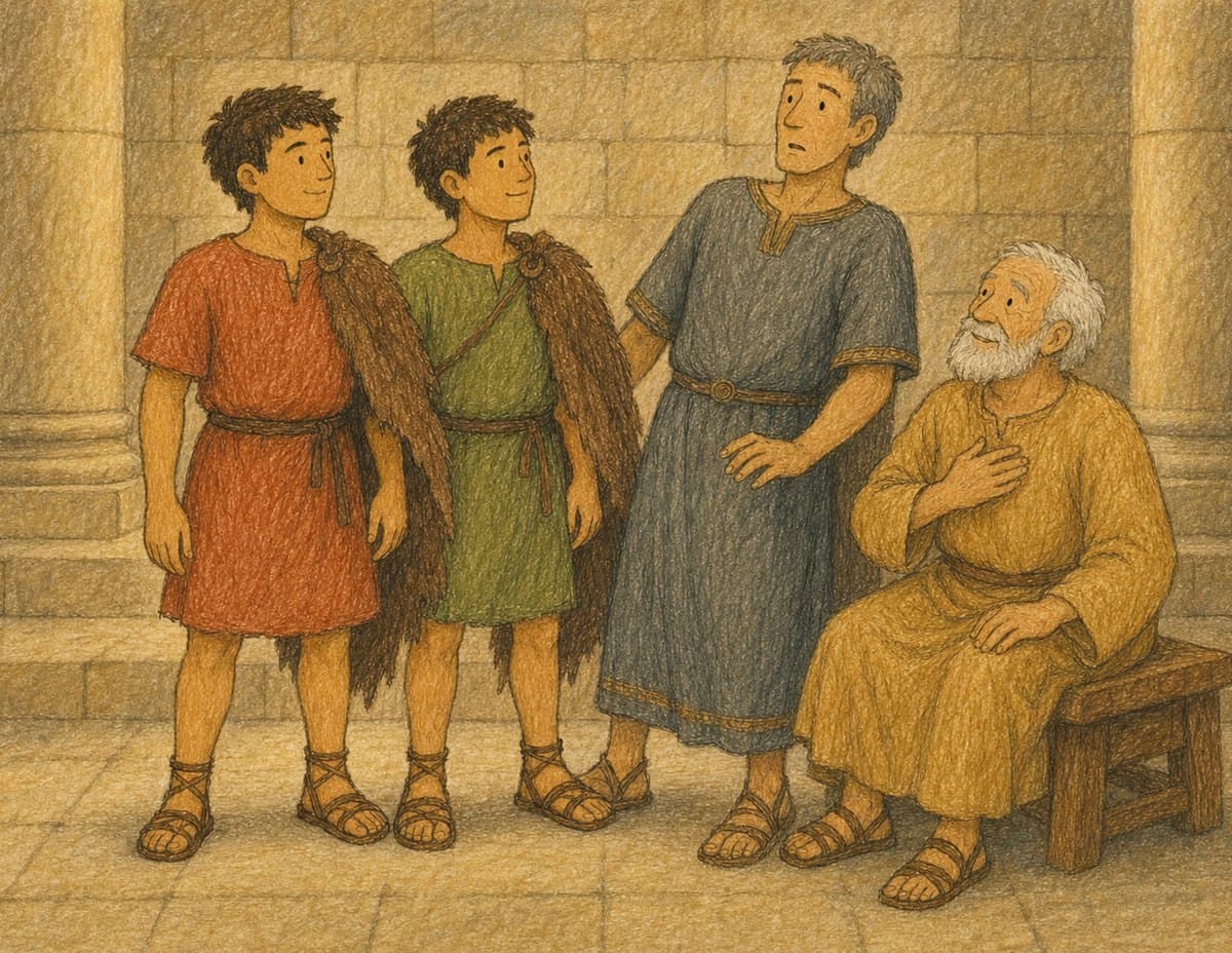 The twin brothers stand in a stone hall beside a man in a gray robe, facing an old white-haired man seated on a bench, in soft crayon