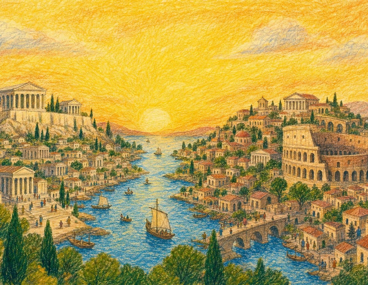 Two cities face each other across a bay at sunset, a temple on a hill on the left and a round arena on the right, with a boat on the water between them, in soft crayon