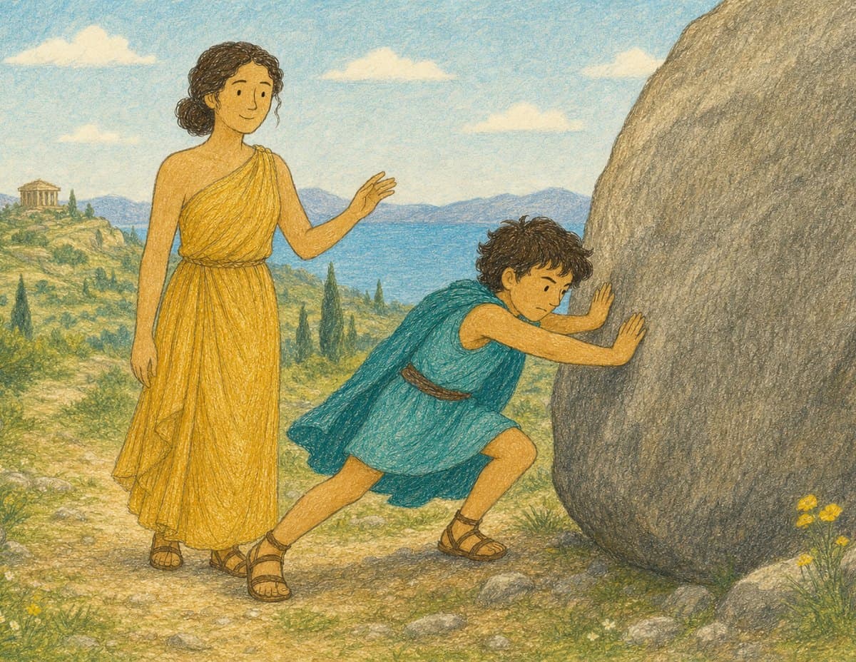 Young Theseus leans his whole body against a huge gray boulder while his mother, in a yellow dress, watches beside him, in soft crayon