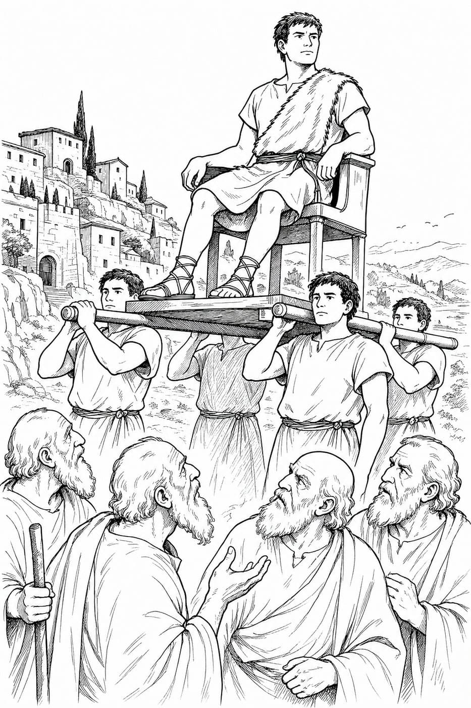 Romulus sits in a chair raised on a platform, carried by men above a crowd of bearded elders, in black-and-white line art