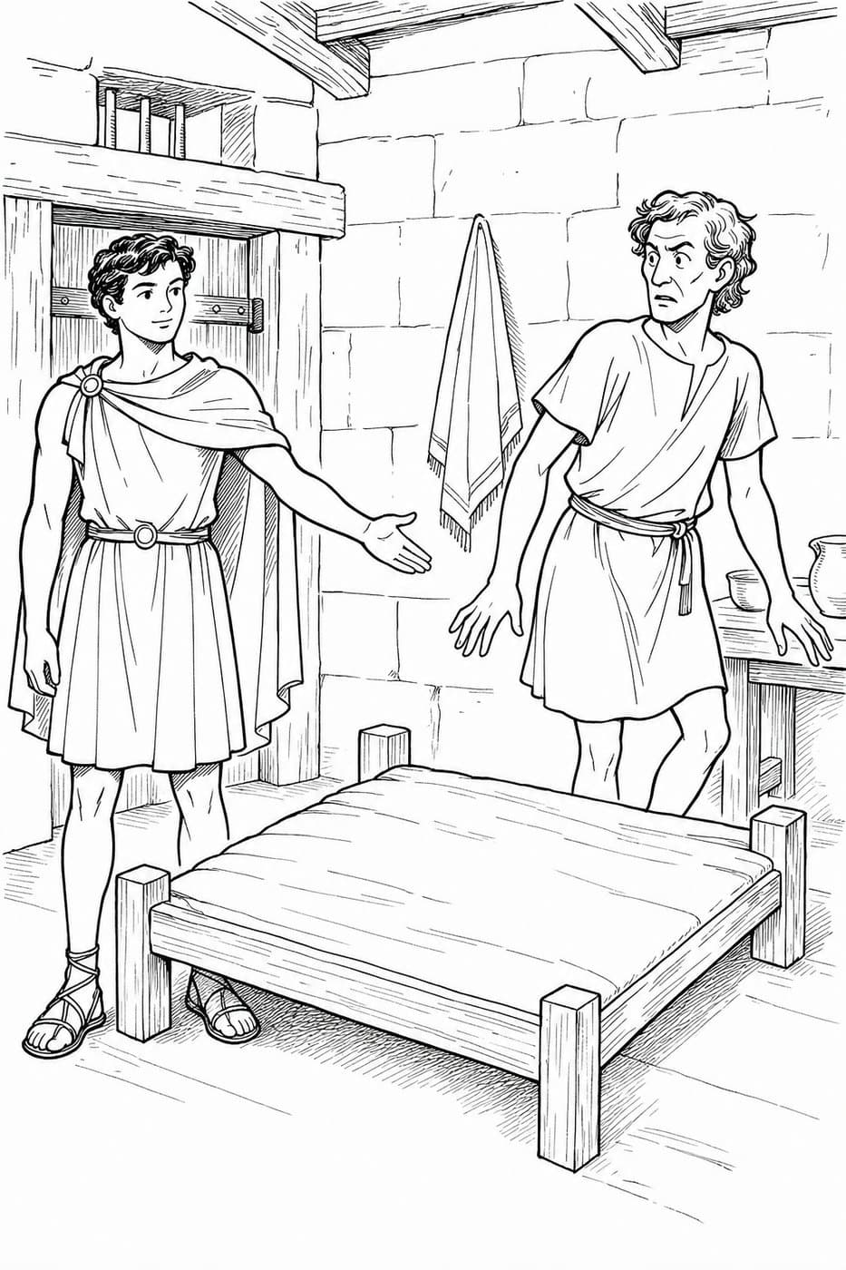 Theseus stands in a stone room beside a wooden bed while a man in a tunic gestures toward it, in black-and-white line art