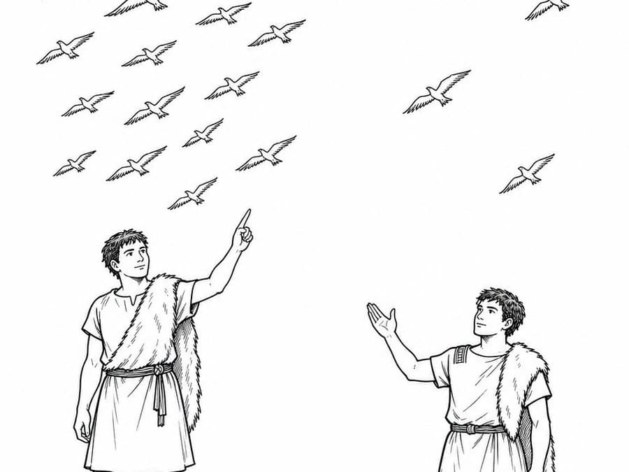 Two young men stand on two separate hilltops, one pointing up at a flock of birds crossing the sky, in black-and-white line art