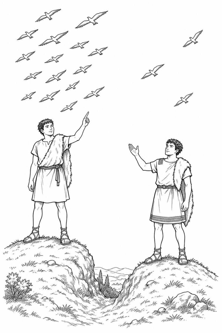 Two young men stand on two separate hilltops, one pointing up at a flock of birds crossing the sky, in black-and-white line art