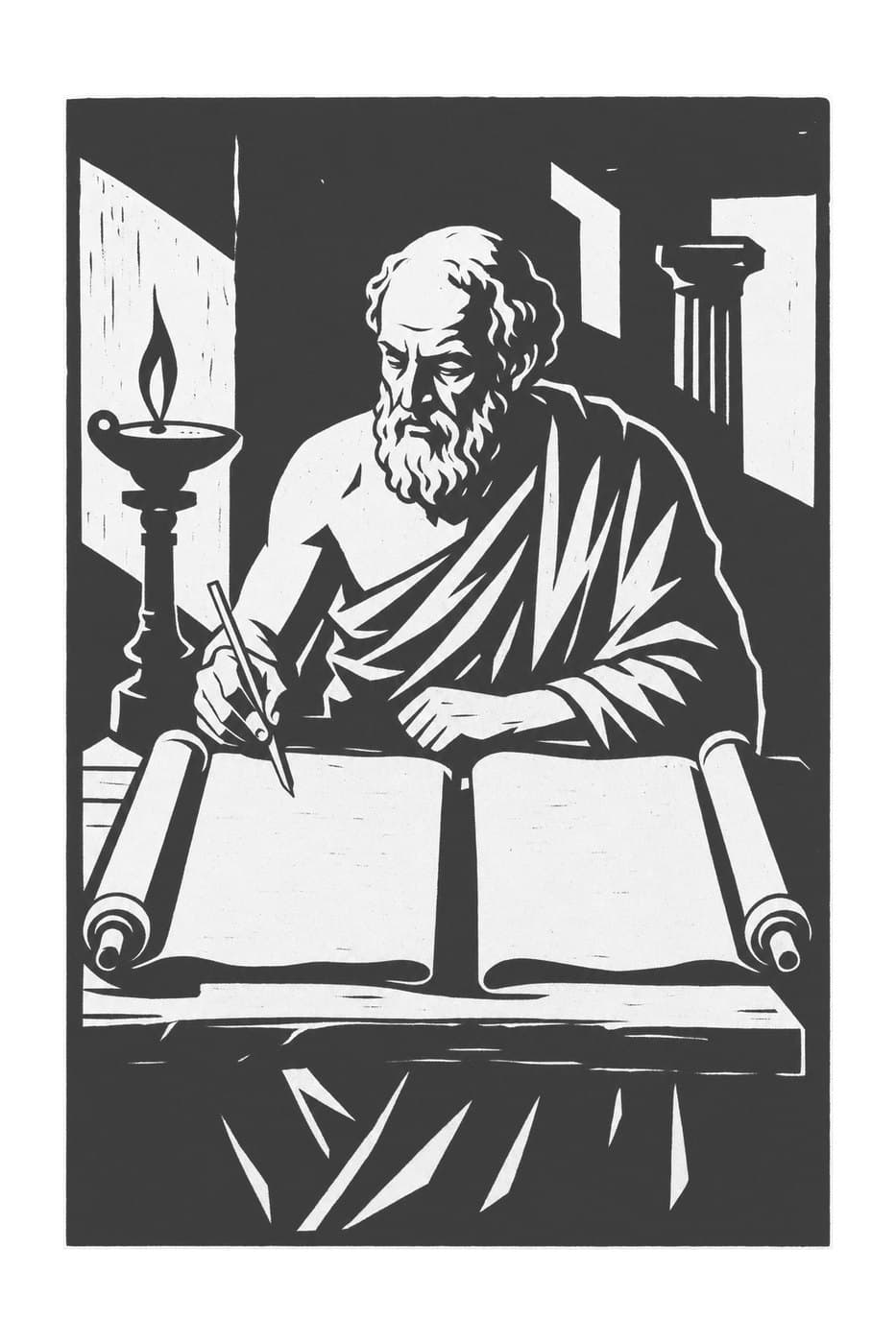 An old bearded writer sits at a desk by lamplight, writing in an open book beside a scroll, in black-and-white woodcut