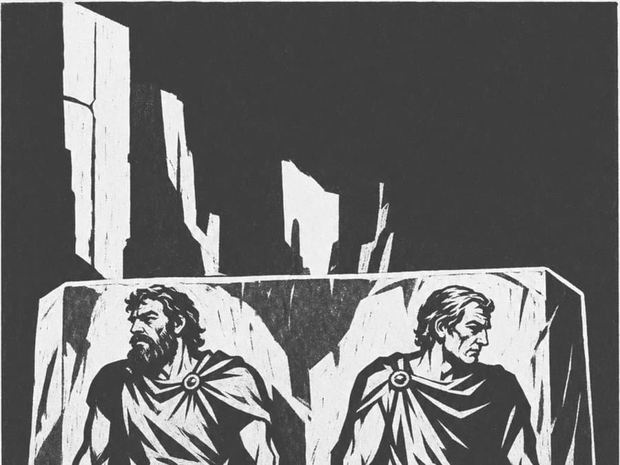 Two bearded men sit side by side on a stone bench in a dark, rocky chamber, in black-and-white woodcut
