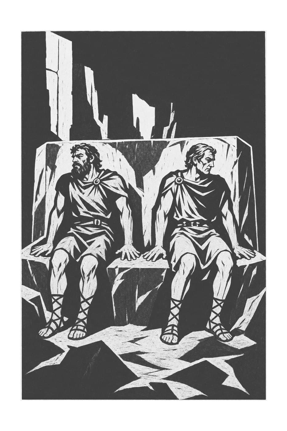 Two bearded men sit side by side on a stone bench in a dark, rocky chamber, in black-and-white woodcut