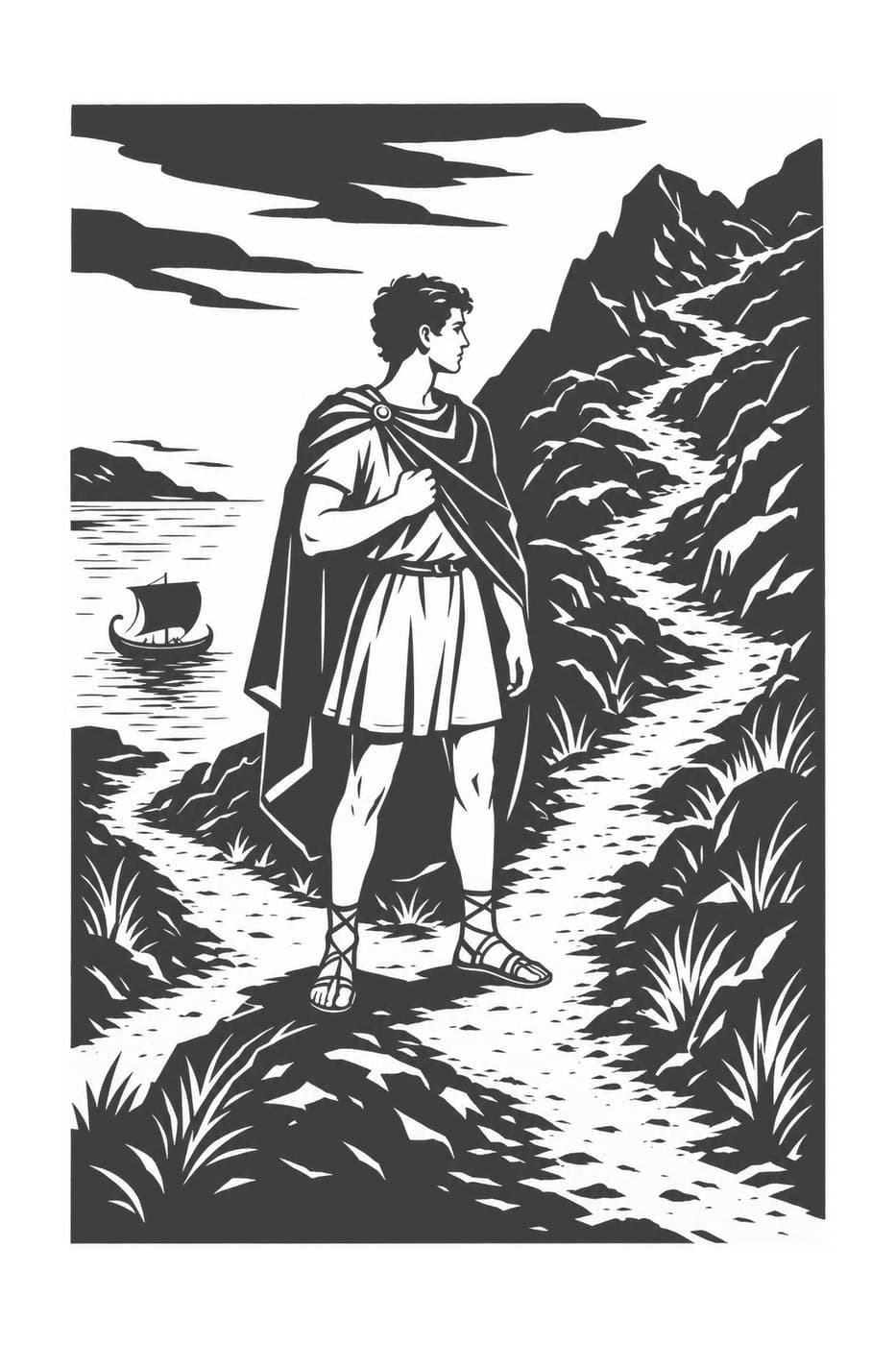Young Theseus in a cloak stands on a rough path winding through rocky hills, with a ship on the sea behind him, in black-and-white woodcut