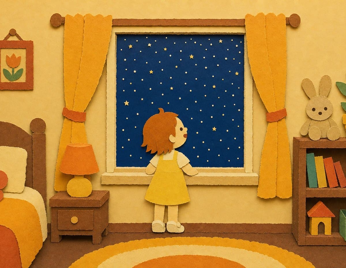 A little girl stands at a tall bedroom window looking out at a sky full of stars, in cut-paper collage