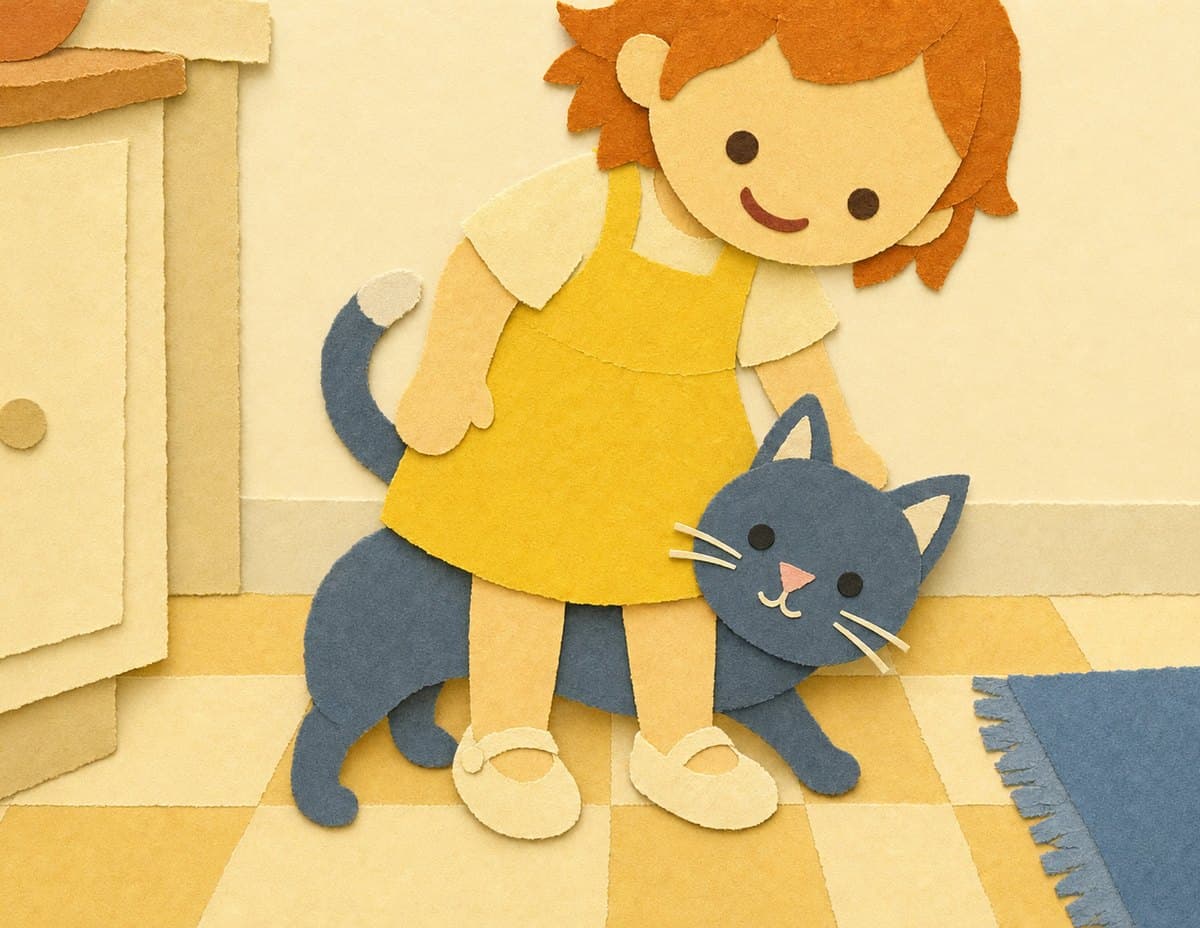 A little girl in a yellow dress smiles down at a gray cat rubbing against her legs, in cut-paper collage