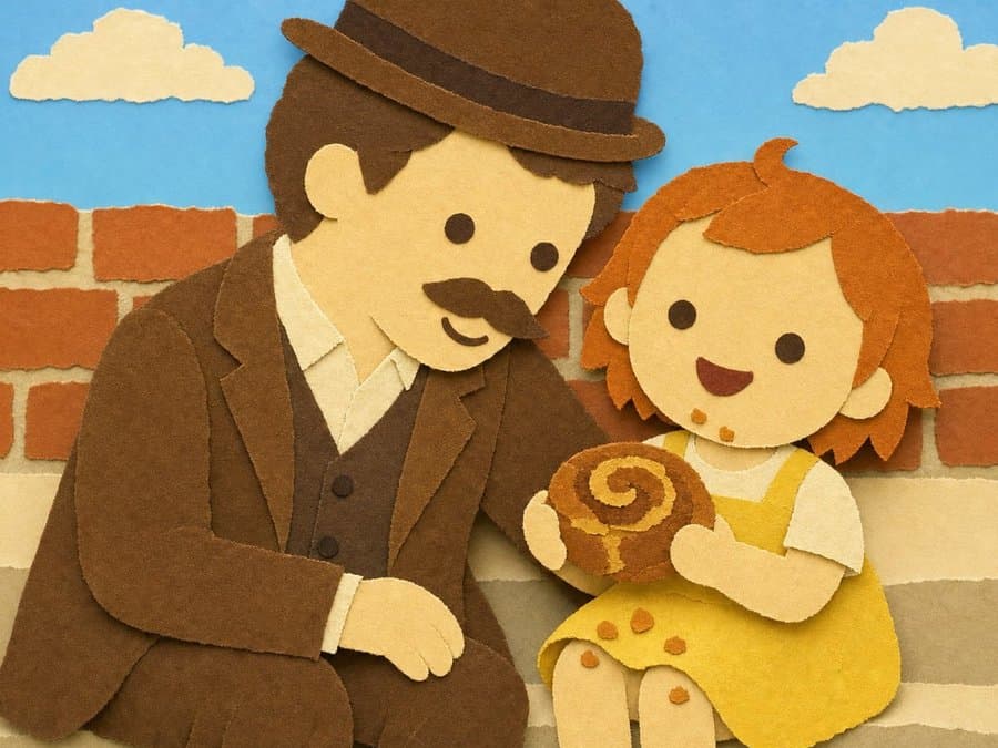 A man in a bowler hat and a little girl share a round sticky bun, crumbs on her dress, in cut-paper collage