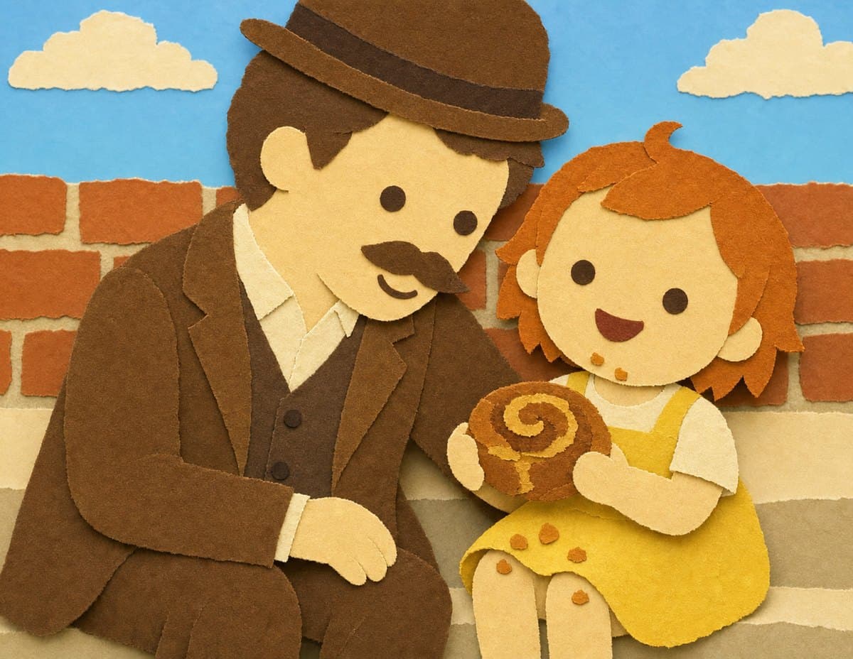 A man in a bowler hat and a little girl share a round sticky bun, crumbs on her dress, in cut-paper collage