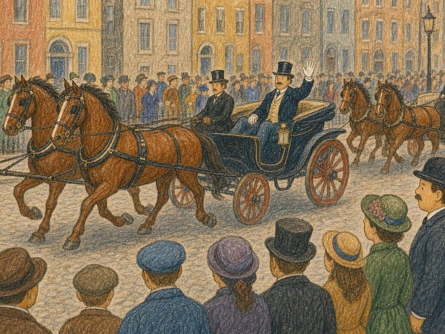 A man in a top hat rides in an open carriage behind prancing horses while a crowd watches, in soft crayon