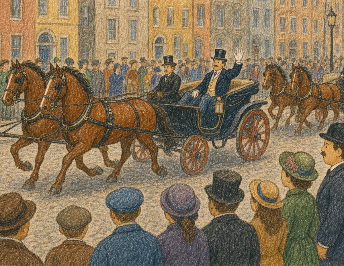 A man in a top hat rides in an open carriage behind prancing horses while a crowd watches, in soft crayon