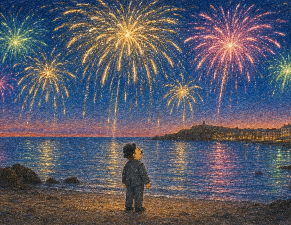 Mr. Bloom stands on the shore at dusk watching fireworks burst over the bay, in soft crayon