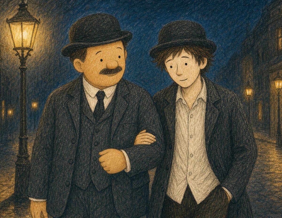 Mr. Bloom and the young man Stephen walk arm in arm under a streetlamp at night, in soft crayon
