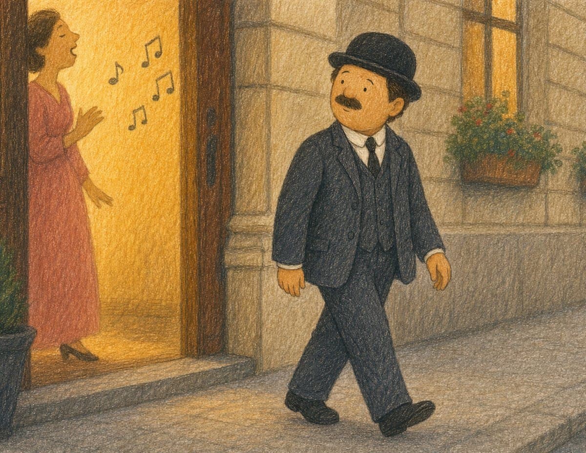 A woman sings in an open doorway as Mr. Bloom, in a bowler hat, walks by on the street, in soft crayon