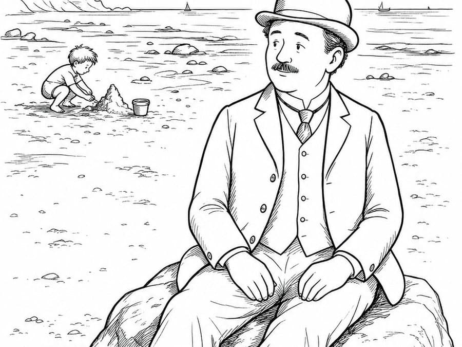 Mr. Bloom sits on a rock on the beach with his shoes off beside him and a child playing in the sand behind, in black-and-white line art