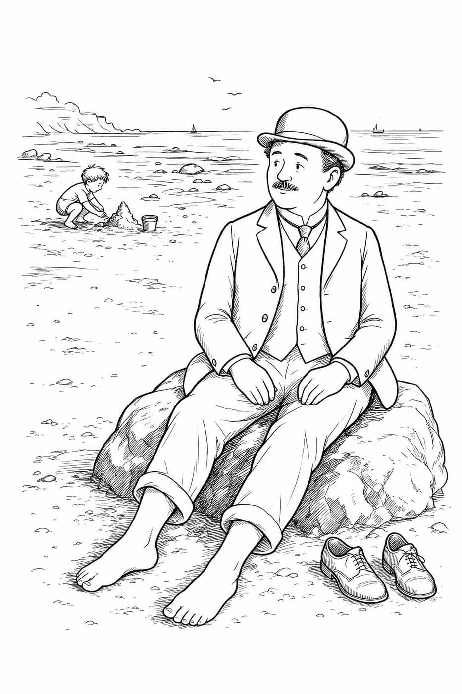 Mr. Bloom sits on a rock on the beach with his shoes off beside him and a child playing in the sand behind, in black-and-white line art