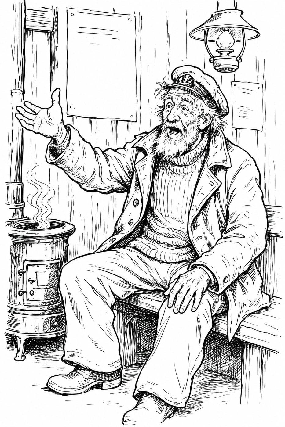 An old sailor in a cap sits by a stove with one arm flung out as he talks, in black-and-white line art