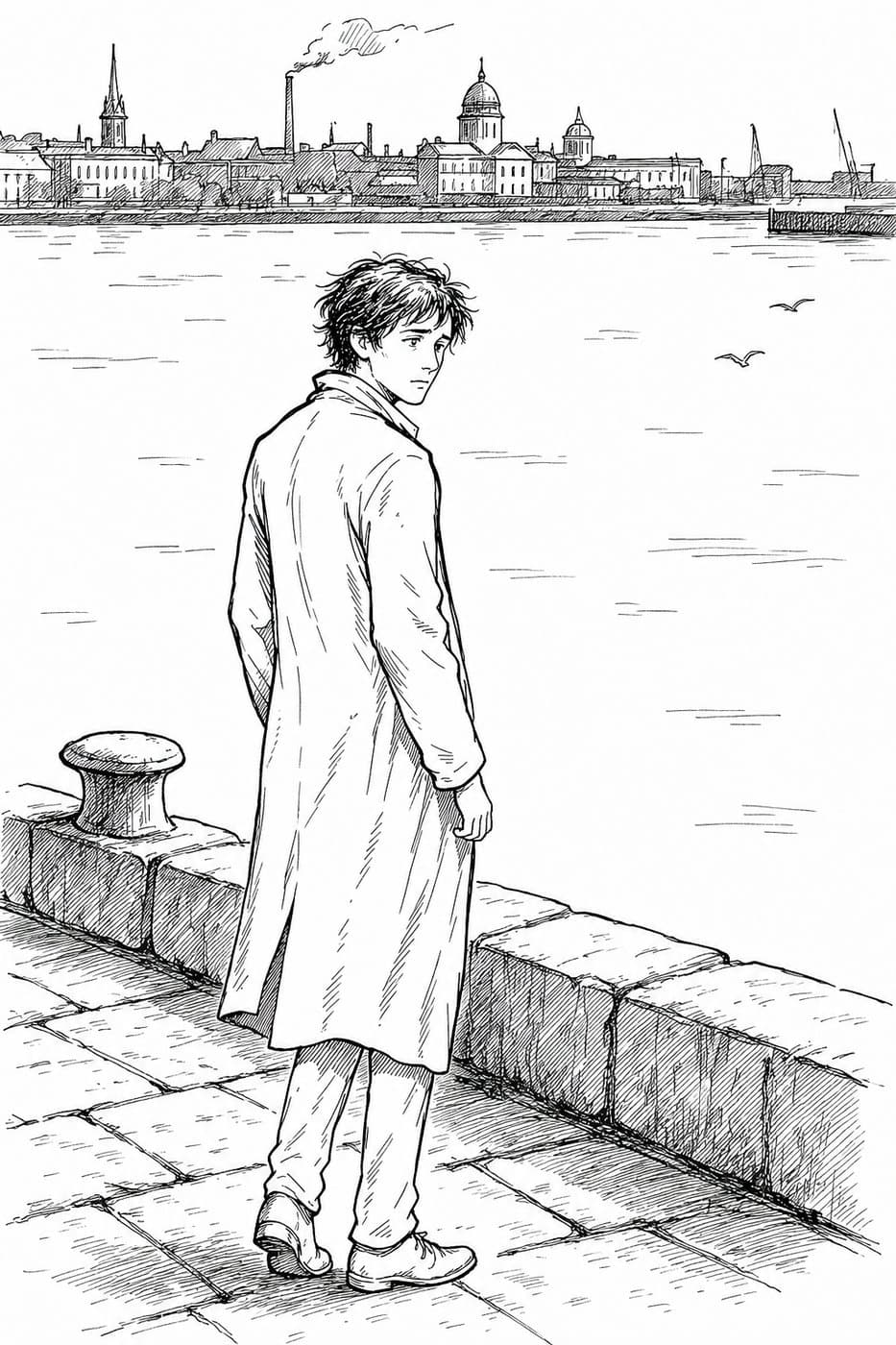 A thin young man in a long coat stands alone at the edge of a quay, looking across the water toward a distant city, in black-and-white line art