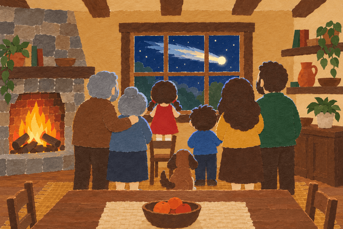 A family and their dog seen from behind at a window, watching a comet cross the night sky, in cut-paper collage