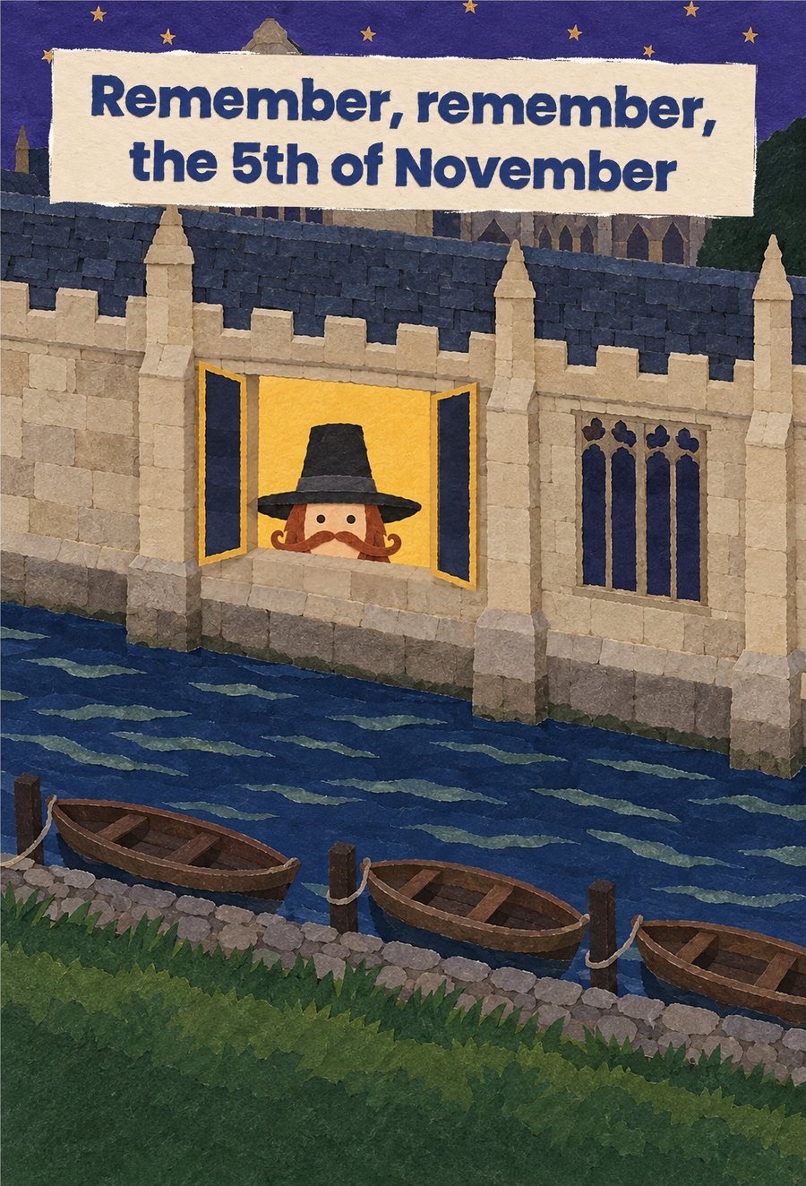 Page 1: a hat and two eyes peek over the sill of a single lit window in the old palace by the river, with the words Remember, remember, the 5th of November