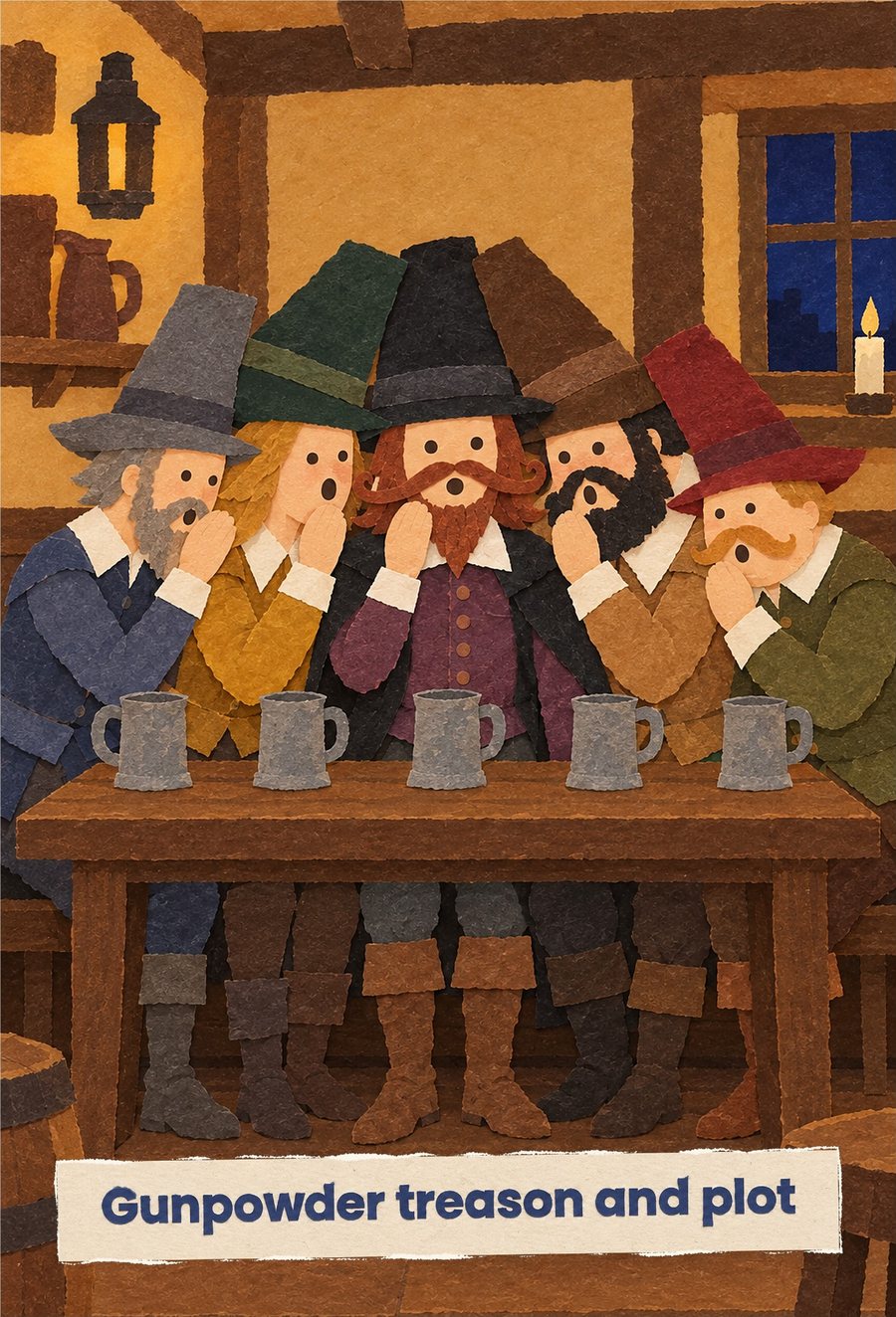 Page 2: five plotters in tall hats lean in to whisper round a tavern table, with the words Gunpowder treason and plot