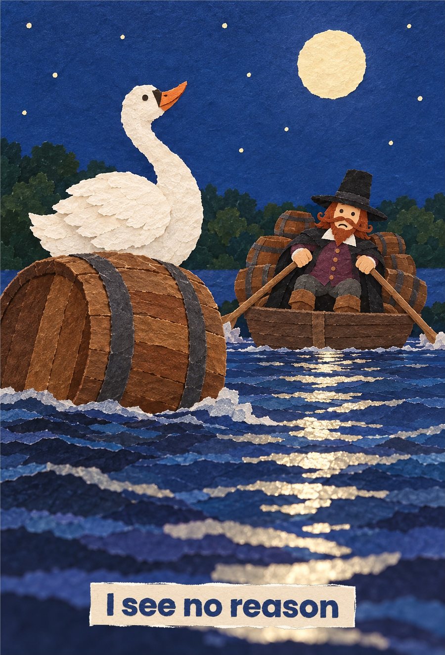 Page 3: a swan sits on a runaway barrel while Guy Fawkes rows a boat full of barrels, with the words I see no reason